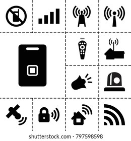 Signal icons. set of 13 editable filled signal icons such as no phone, home connection, transmitter, remote control, wi-fi, door ringer, security lock, siren