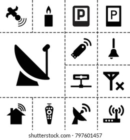 Signal icons. set of 13 editable filled signal icons such as parking, remote control, satellite, camera, candle, bell, router