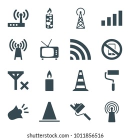 Signal icons. set of 16 editable filled signal icons such as roller, transmitter, candle, wi-fi, siren, router, no phone, cone barrier, cone