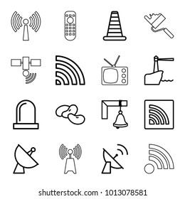 Signal icons. set of 16 editable outline signal icons such as bean, cone barrier, satellite, wi-fi, siren, bell, lighthouse, signal tower, roller, transmitter, tv
