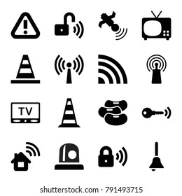 Signal icons. set of 16 editable filled signal icons such as cone, tv, home connection, satellite, bell, security lock, opened security lock, key, bean, cone barrier, warning