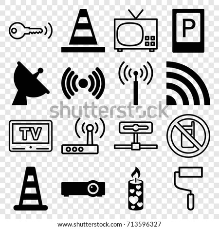 Signal icons set. set of 16 signal filled and outline icons such as parking, cone barrier, cone, candle, satellite, router, no phone, roller, tv, key