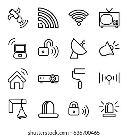 Signal icons set. set of 16 signal outline icons such as siren, roller, satellite, security lock, opened security lock, wi-fi, bell, router