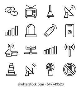 Signal icons set. set of 16 signal outline icons such as no phone, cone barrier, bean, tv, door ringer, bell, siren, satellite
