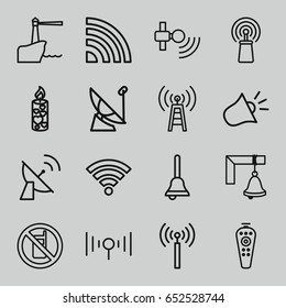 Signal icons set. set of 16 signal outline icons such as no phone, candle, remote control, bell, siren, wi-fi, lighthouse, satellite