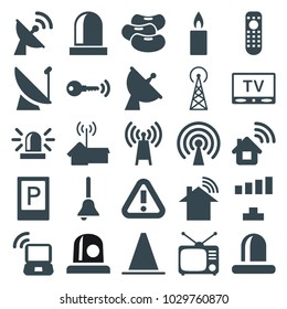 Signal icons. set of 25 editable filled signal icons such as parking, siren, home connection, transmitter, satellite, tv, candle, tv, bell, key, bean, cone, warning