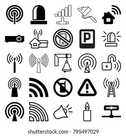 Signal icons. set of 25 editable filled and outline signal icons such as no phone, home connection, wi-fi, camera, siren, router, transmitter, candle, opened security lock