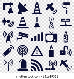 Signal icons set. set of 25 signal filled icons such as cone barrier, cone, roller, warning, candle, satellite, wi-fi, bell, opened security lock, siren, security camera