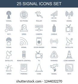 signal icons. Set of 25 line signal icons included no phone, roller, wi fi, siren, camera, candle, TV, door ringer on white background. Editable signal icons for web, mobile and infographics.