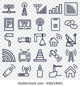 Signal icons set. set of 25 signal outline icons such as parking, bean, cone, roller, tv, wi-fi, satellite, door ringer, candle, tv, bell, lighthouse, router, home connection