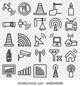 Signal icons set. set of 25 signal outline icons such as no phone, cone barrier, cone, candle, tv, wi-fi, satellite, bell, lighthouse, security camera