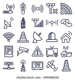 Signal icons set. set of 25 signal outline icons such as parking, cone barrier, bean, cone, warning, siren, candle, satellite, remote control, tv, wi-fi, security camera