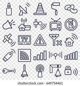 Signal icons set. set of 25 signal outline icons such as no phone, bean, cone, roller, warning, tv, wi-fi, candle, tv, bell, security lock, siren, satellite, key