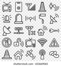 Signal icons set. set of 25 signal outline icons such as no phone, cone barrier, bean, siren, cone, roller, warning, satellite, tv, door ringer, opened security lock, wi-fi