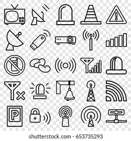 Signal icons set. set of 25 signal outline icons such as parking, no phone, bean, siren, cone, warning, satellite, security lock, bell, router, camera