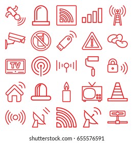 Signal icons set. set of 25 signal outline icons such as no phone, bean, cone, roller, warning, siren, satellite, wi-fi, candle, tv, security lock, security camera