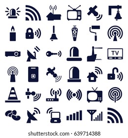 Signal icons set. set of 36 signal filled icons such as bean, siren, cone, roller, tv, remote control, wi-fi, satellite, door ringer, candle, tv, bell, security lock