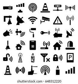 Signal icons set. set of 36 signal filled icons such as parking, cone barrier, cone, roller, warning, siren, candle, satellite, door ringer, bell, security lock