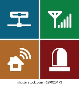 Signal icons set. set of 4 signal filled icons such as siren, mobile signal, home connection