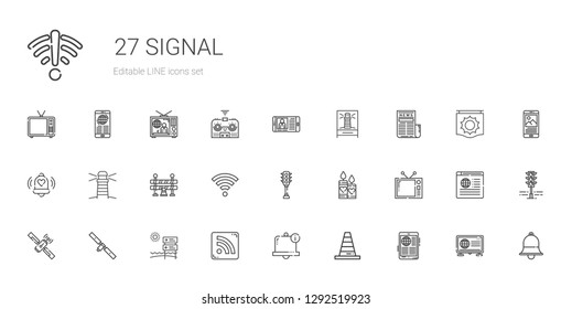 signal icons set. Collection of signal with news, cone, bell, rss feed, satellite, television, candles, traffic light, wifi, traffic barrier. Editable and scalable signal icons.