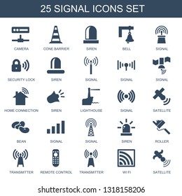 signal icons. Trendy 25 signal icons. Contain icons such as camera, cone barrier, siren, bell, security lock, home connection, lighthouse, satellite. signal icon for web and mobile.