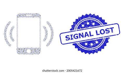 Signal Lost Unclean Stamp Seal And Vector Fractal Composition Cellphone Vibration. Blue Stamp Seal Contains Signal Lost Text Inside Rosette.