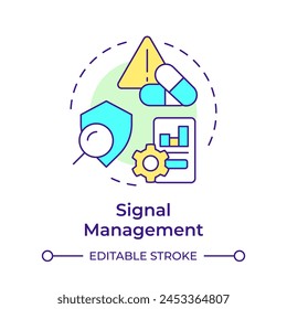 Signal management multi color concept icon. Product quality, pharmacovigilance. Risk evaluation. Round shape line illustration. Abstract idea. Graphic design. Easy to use in infographic, article