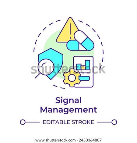 Signal management multi color concept icon. Product quality, pharmacovigilance. Risk evaluation. Round shape line illustration. Abstract idea. Graphic design. Easy to use in infographic, article