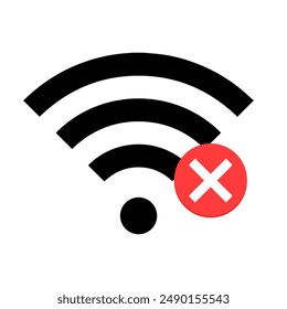 Signal not found or wifi not found vector icon with black vector icon of wifi or signal symbol with x mark.