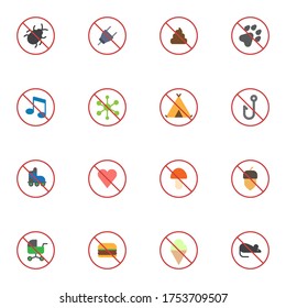 Signal and prohibition elements collection, flat icons set, Colorful symbols pack contains - no poo prohibited sign, fishing, camping, insects, bear, love. Vector illustration. Flat style design 