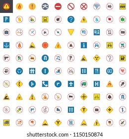 Signal and prohibitions elements collection, flat icons set, Colorful symbols pack contains - Warning, Flame, Poison, Forbidden, No parking, No wifi, Parking. Vector illustration. Flat style design