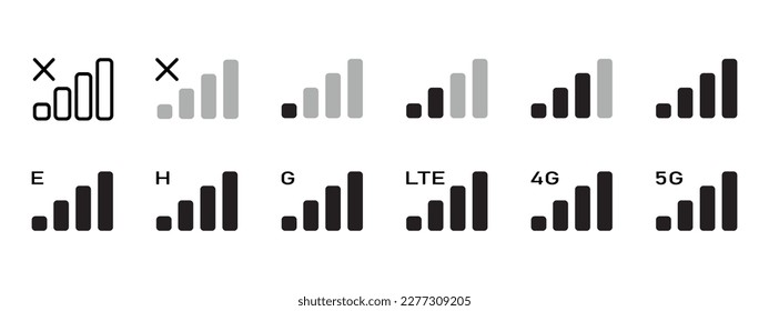 Signalempfangsband-Sammlung von Vektorgrafiken. Symbole für Telefonanschlüsse. Kein Signal, kein schlechter, letzter, 4g und 5g Netzwerkstatus. 