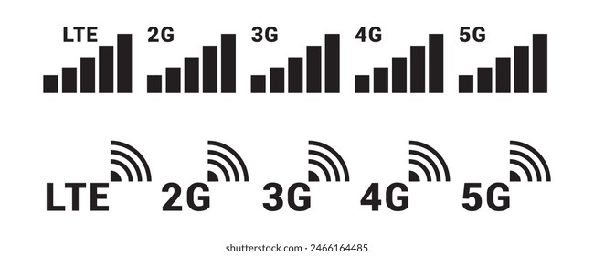 Colección de la barra de recepción de la señal, conjunto de iconos vectoriales 2g, 3g, 4g y 5g. Comunicación móvil. Señal de Internet. Sin rango completo o conjunto de iconos de señal