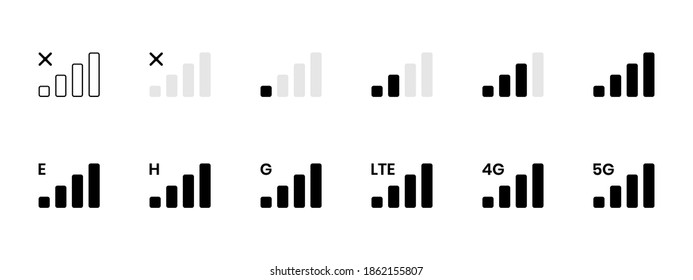 Signal Reception Bar Collection Of Vector Illustration. Mobile Phone Connection Level Icons. No Signal, Bad, Lte, 4g And 5g Network Status. Strength Indicator For Interface, Web App, Ui