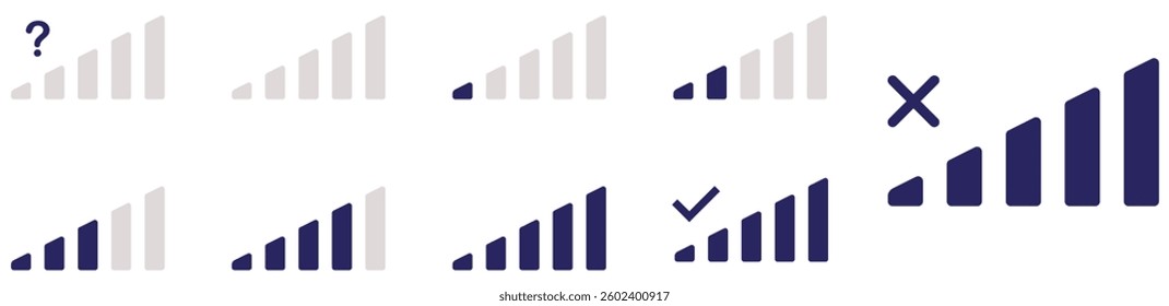 Signal reception bar collection of vector illustration. Mobile phone connection level icons. Network level signal collection set.Signal strength indicator with varying levels of connectivity and check