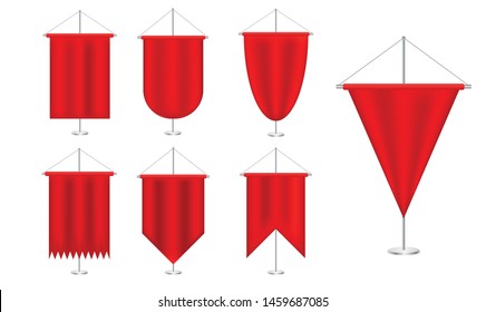 Signal red long sport advertising pennants banners set samples on pole stand. Satin red various shapes pennants. Blank flag. Realistic vector illustration
