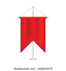 Signal red long sport advertising pennants banners samples on pole stand. Satin red various shapes pennants on steel spire pedestal realistic