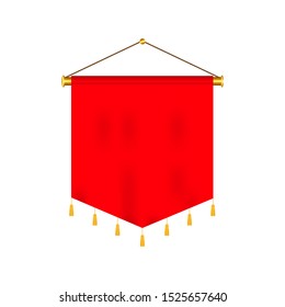 Signal red long sport advertising pennants banners samples on pole stand support pedestal realistic set. Vector illustration.