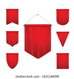 Signal red sport pennants triangle flags various shapes tapering hanging pennons banners realistic set isolated vector illustration 