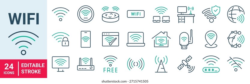 Señal, Router, Inalámbrico, wifi, Red e Internet Web iconos de línea. Trazo editable. Ilustración vectorial