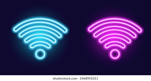 El sensor de señal se ilumina en azul y rosa para indicar una conexión inalámbrica a Internet. señal wifi 3d con efecto de onda de neón. Símbolo de círculo de neón transparente para monitoreo y protección inalámbrica.