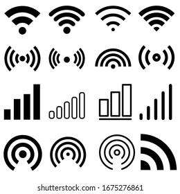 Signal set vector icons. Radio signals waves and light rays, radar, wifi, antenna and satellite signal symbols. Wireless technologys. Vector illustration.