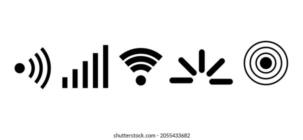 Signal set vector icons. Radio signals waves and light rays, radar, wifi, antenna