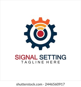 Logotipo de ajuste de señal con composición de engranaje y señal, logotipo para configurar conexión, señal, Internet, teléfono, radio, computadora, wifi, comunicación, antena.
