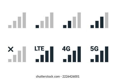 Signal strength 4g mobile phone reception bar icon. 5g signal strength level smartphone status bar network lte level