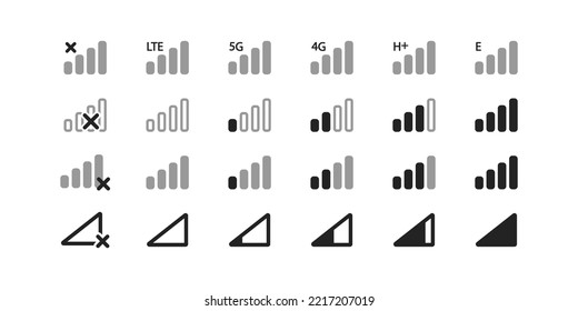 Signal strength bar icon set. Connection concept. Internet, no signal, 4g, 5g, lte networks signs. Mobile phone connection level symbol. Vector illustration.