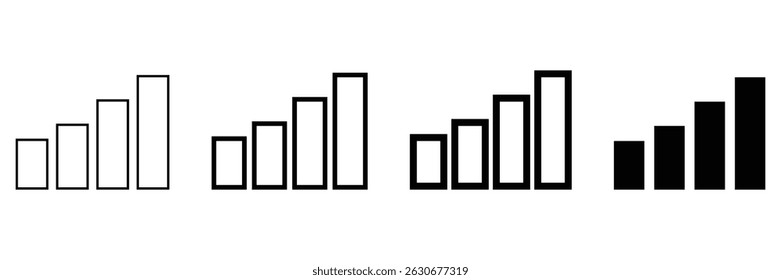 Signal strength icon set with increasing bar levels in outline and filled style vector illustration for mobile interface connectivity design.