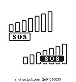Signal strength icons. Emergency SOS sign. Black vector design. Bar chart symbols.