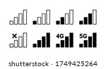 Signal strength indicator set, mobile phone bar status icon. No signal symbol, 4g and 5g network connection level sign isolated on white. Vector illustration for web, app, design interface.