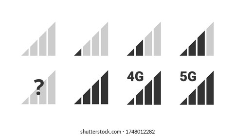 Signal Strength Indicator Set, Mobile Phone Bar Status Black Icon. No Signal Symbol, 4g And 5g Network Connection Level Sign. Vector Illustration For Web, App, Design Interface.